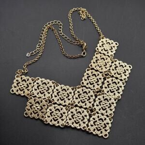 Lacy Style Bib Statement Necklace Gold Toned Metal Connecting Panels Collar
